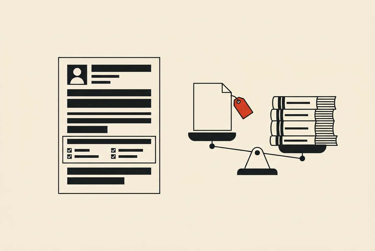 An academic CV next to a balance scale: a single preprint with a red identifier tag on the higher pan, and a stack of journal articles on the lower, heavier pan