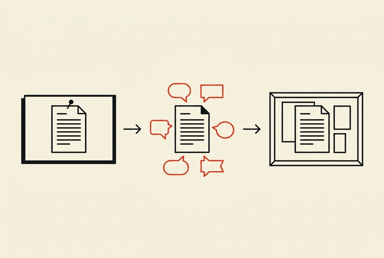 Three stages: a manuscript pinned on a public board, the same manuscript surrounded by red speech bubbles representing public reviews, and finally the manuscript placed in a framed collection
